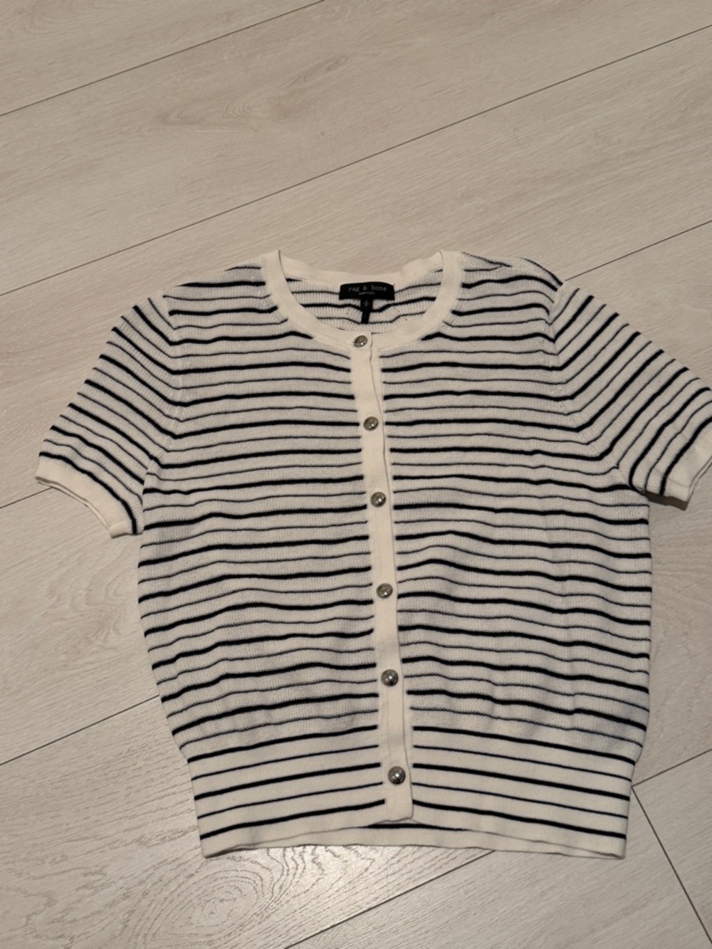 Rag&Bone Striped Short-Sleeve Button Cardigan - Nautical Black & White